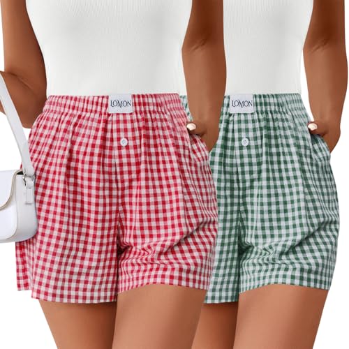 Image of LOMON Boxer Shorts for Women Summer Gingham Pajamas 2026 Lounge Sleep Pj Plaid Shorts Y2K Beach Bottoms with Pockets
