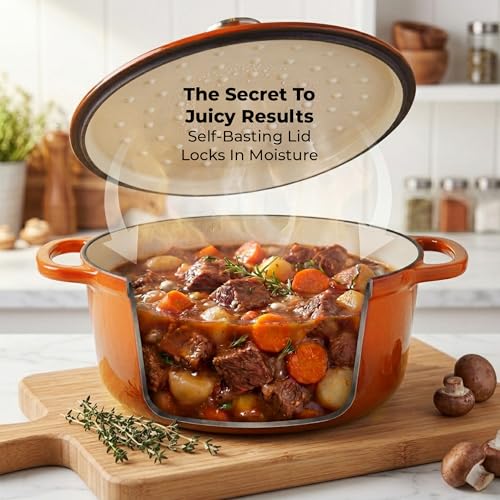 Image of Zulay Kitchen 7.7 Quart Enameled Cast Iron Dutch Oven Pot with Lid - Premium Durability & Oven Safe up to 500F - Heavy Duty Cookware Perfect for Bread Baking, Stews, Braising & Roasting - Orange