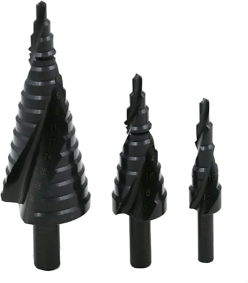 Mengshen HSS High Speed Steel Step Drill Bit 3-Piece Set 4-12mm/4-20mm/4-32mm, Nitride Spiral Flute Triangle Handle Pagoda Drill for Carbon Steel, Sheet Iron, Insulation Boards,PVC Boards,Planks