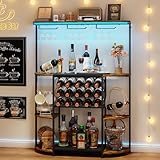 JKsmart 4-Tier Wine Rack with LED Lights, Home Mini Bar Table with 15 Bottles and Glass Holder, Freestanding Liquor Cabinet Storage for Kitchen, Dining Room, Bar (Rustic Brown)