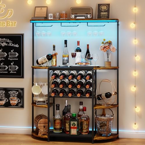 JKsmart 4-Tier Wine Rack with LED Lights, Home Mini Bar Table with 15 Bottles and Glass Holder, Freestanding Liquor Cabinet Storage for Kitchen, Dining Room, Bar (Rustic Brown)