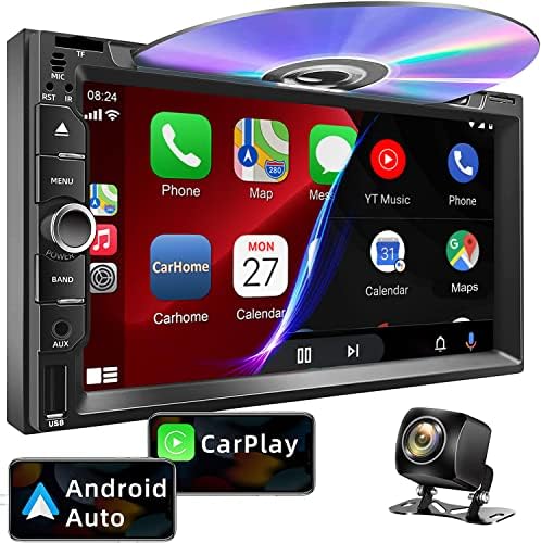 WOWiViD Double Din Car Stereo with CD/DVD Player, CarPlay & Android Auto, 7 Inch HD Touchscreen Car Radio with Bluetooth, Backup Camera, Mirror Link, SWC, Subwoofer, USB/TF/AUX Input, AM/FM