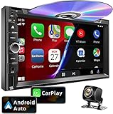 Double Din Car Stereo with Carplay&Android Auto,7 Inch HD Touchscreen Car Radio Support CD DVD Player,Bluetooth,Backup Camera,Mirror Link,SWC,Subwoofer,USB/TF/AUX Input, AM/FM Car Stereo Receiver