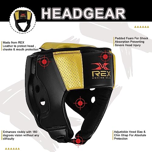 Rex Kids Headgear for Boxing, MMA Fighting and Kickboxing Training, Cheeks, Ear Protection, Headgear for Sparring, Muay Thai, Taekwondo and Karate (Large, Black/Gold)