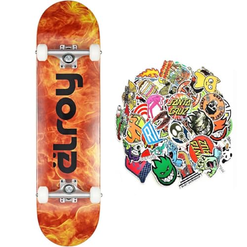 Monopatín profesional para jóvenes y adultos Elroy Flame nivel avanzado Skate completo calidad y durabilidad y 50 pegatinas (Flame, 8.0')