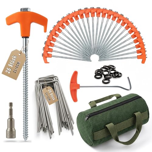 BJNCDIO 26x Schraubheringe & 26x Erdanker aus Stahl Camping Zeltheringe Set mit Nagelzieher & 13 mm Steckschlüssel Bit Heringe Erdnägel für harten Boden Wald Wiesen Felsen Robust & Rostfrei