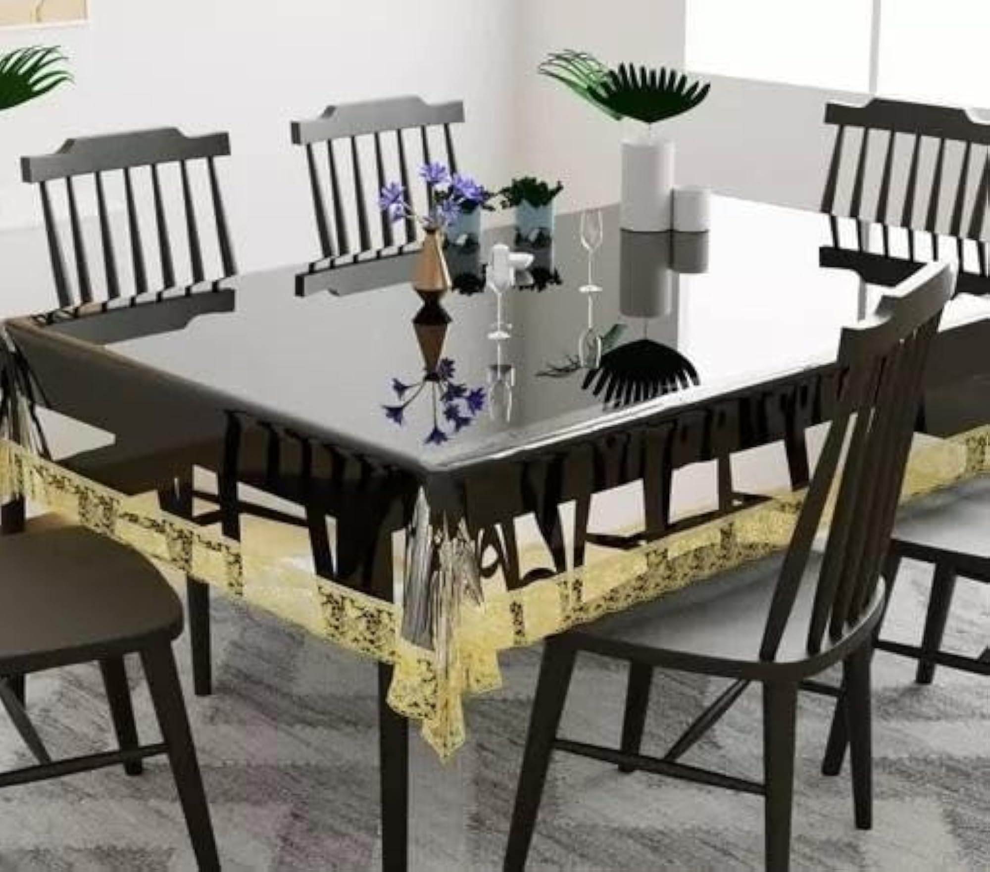 Transparent PVC Dining Table Cover with Golden Lace