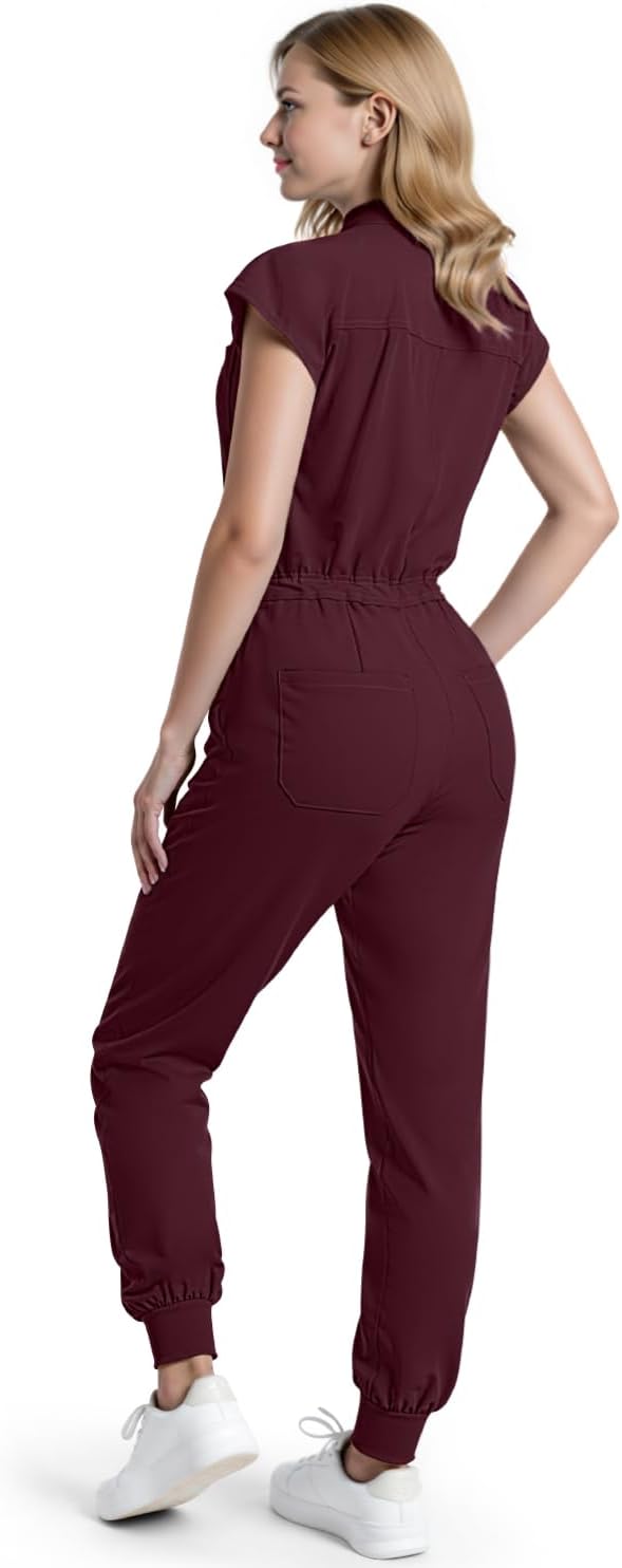Scrub Jumpsuit for Women - Stand-Up Collar One Piece Scrubs, 7 Pockets Comfortable Scrubs Set for Nurses & Doctors