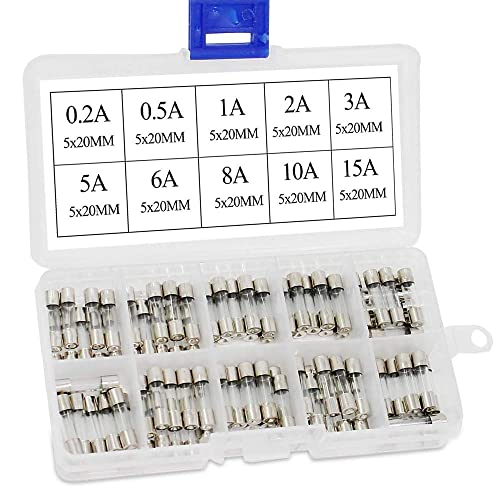 100 fusibles de vidrio de soplado rápido de 10 valores, 5 x 20 mm, 250 V, fusible de tubo de vidrio de soplado rápido, 0,2 A, 0,5 A, 1 A, 2 A, 3 A, 5 A, 6 A, 8 A, 10 A, 15 A, fusibles de vidrio de