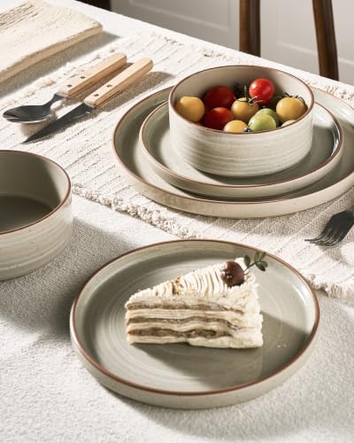 Image of Famiware Stellar Stoneware Dinnerware Set, 12-Piece, Double Reactive Glaze, Plates and Bowls, Service for 4, Microwave and Dishwasher Safe, Scratch-Resistant, Matcha Green
