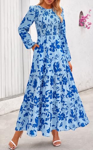 Image of PRETTYGARDEN Women's Fall Dresses 2026 Long Sleeve Flowy Casual Floral Maxi Dress Crew Neck Smocked Tiered Long Dress
