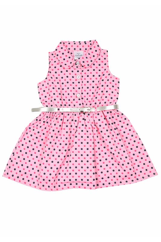 Doodle Polka Dot Dress with Belt for Girls, Collar Neck Frock for Girls