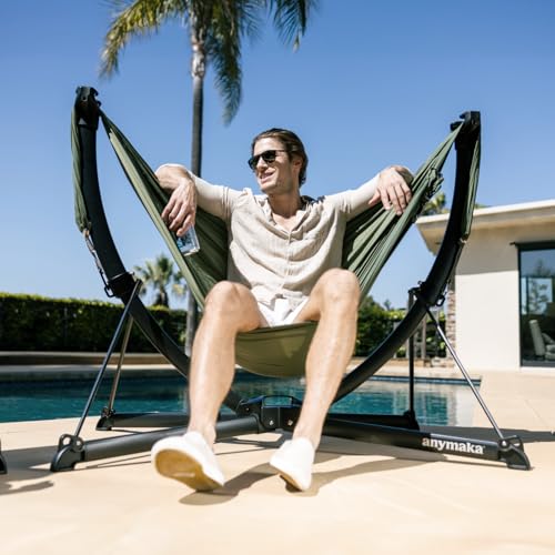 Image of Set Up in 3 Seconds Swing Chair with Stand,Outdoor Indoor Adjustable Portable Aluminum Alloy Hammock Chair (Swing Chair Set Ocean Blue)