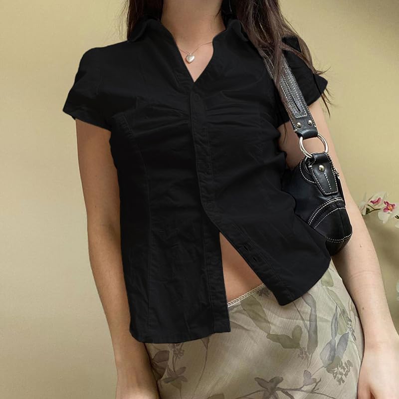 Seyumixi Y2k Button Up Shirt Women Short Sleeve V Neck Cropped Blouse Slim Fitted Collared Top Cute Preppy Coquette Tops - Image 2
