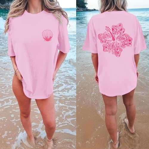 Lubpow Hawaiian T Shirts for Women Oversized Aesthetic Hibiscus Flower Beach Shirt Teens Preppy Tropical Graphic Tee Tops(Pink,M) by Lubpow - Used condition - Image 2
