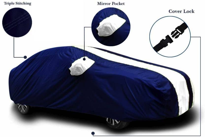 Image of Carigiri White and Navy Blue Car Body Cover for New Ford Figo(Triple Stitched,Mirror Pockets,UV Resistant,Dustproof)(Models-2010, 2011, 2012, 2013, 2014, 2015)