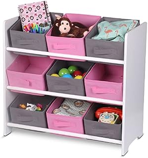 ASAB Kids Wooden Storage Unit With 9 Baskets | Toy Organiser Storage Unit | Removable Fabric Baskets | Books Storage Shelf | Storage Cabinet For Playroom Children Room | MDF Material (Pink/Grey)