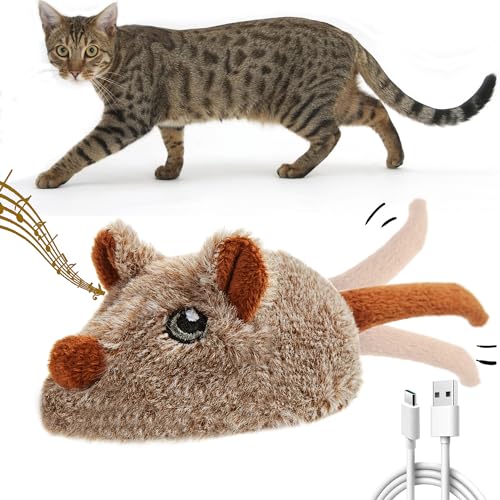 Vealind Cat Toys Rechargeable Mouse with Wagging Tail, Lifelike Squeak Chirping Electronic Mice for Indoor Cats, USB Touch Activated Kitten Toys (Brown)