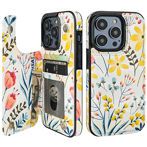 HAOPINSH for iPhone 14 Pro Wallet Case with Card Holder Floral Flower Pattern Back Flip Folio PU Leather Kickstand Card Slots Case for Women Girls Double Magnetic Clasp Shockproof Cover 6.1