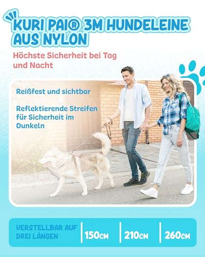 KURI PAI® Hundeleine für große Hunde aus Nylon mit Sicherheitskarabinern | Reflektierend und Wasserabweisend | Verstellbare Längen 1,50m - 2,60m, Ideal für Große und Mittelgroße Hunde (Schwarz)