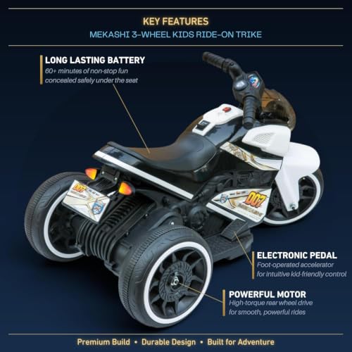 Image of MEKASHI 6V Electric Ride-On Bike for Kids | Storm White | Battery Operated Motorcycle with Bluetooth Music, LED Headlight, Foot Accelerator & Training Wheels | Ride-On Toy for Boys & Girls 1-4 Years