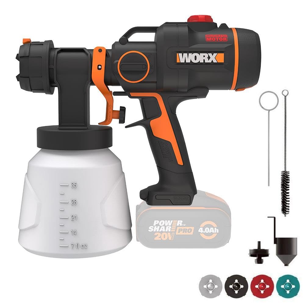 Worx WX020.9 20 Volt Farbpistole mit Drehzahlregelung + 4 Ersatzdüsen/Düsen (ohne Akku)