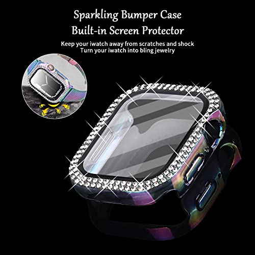 Joyozy Slim Stainless Steel Band Compatible with Apple Watch 38mm 40mm 41mm 42mm 44mm 45mm Milanese Strap with Bling Glitter Case Built-in Screen Protector Dressy Bracelet Band for Women(Rainbow 41mm)