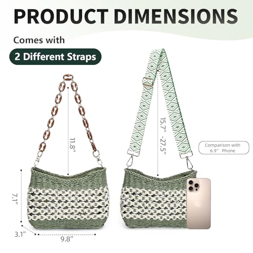 Herald Small Summer Crossbody Bags for Women, Beach Handmade Straw Woven Pocketbooks Handbag Shoulder Purse (Green with Silvery Thread) by Herald - Used condition - Image 7
