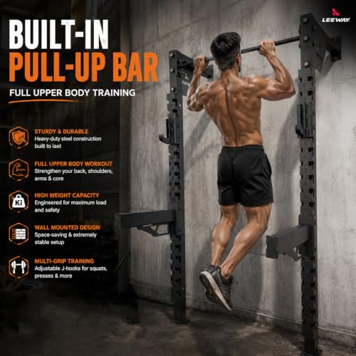 Image of Leeway LF 106 Wall Mounted Squat Rack with Pull Up Bar | Heavy Duty Power Rack, Barbell Stand, Bench Press Stand for Home Gym | 500 KG Capacity, High Jump Power Cage | Made in India (Black, SQ LF106 - Wall Mounted)