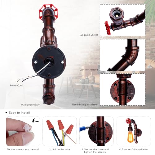 Image of XEYOU Retro Wall lamp Vintage Industrial Steampunk Wall Sconce with Switch Metal Water Pipe Wall Mounted Light Fixture E26 Edison Bulb for Cafe Bar Restaurant Bedroom Livingroom