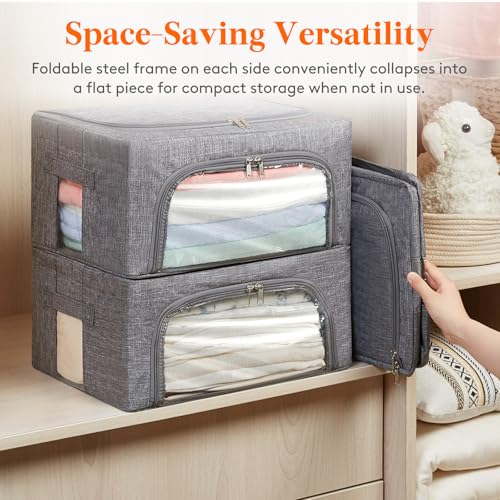 Image of Lifewit Clothes Storage Bins with Metal Frame, Stackable Storage Box, Foldable Clothing Storage Bins with Lids, 25L Storage Bags Fabric Box Organizer with Clear Window& Zippers& Sturdy Handles 4 Pack