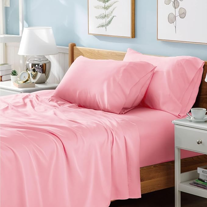 Prime Linens Flat Sheet Poly Cotton Percale Breathable Bed Top Sheet Wrinkle, Shrinkage and Fade Resistant Flat Bed Sheet (Pink, Super King(264Cm x 264Cm))