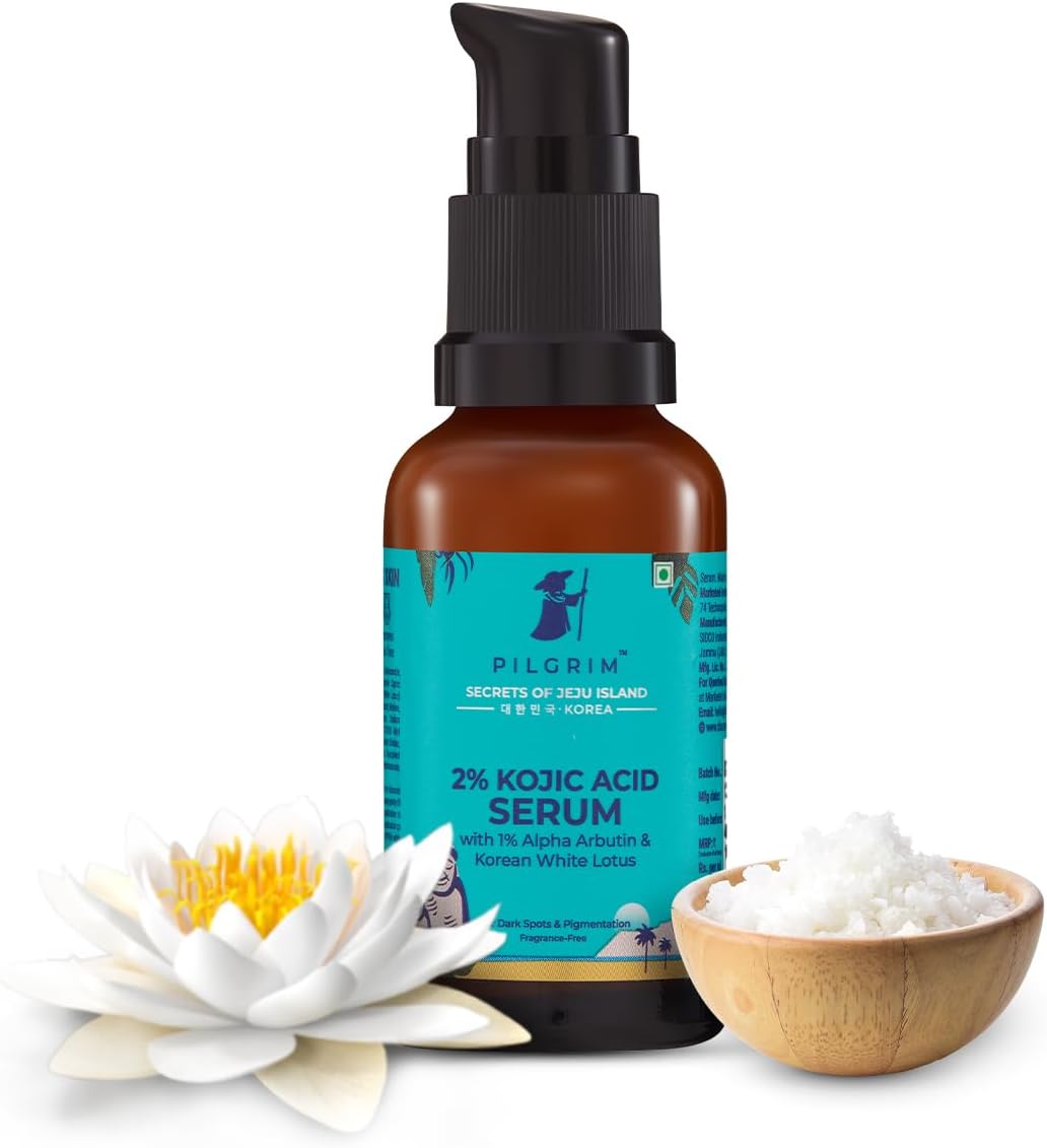 Pilgrim 2% Kojic Acid Serum for face (30 ml) with 1% Alpha Arbutin & Korean White Lotus For Acne & Darks spots| Anti-pigmentation Face Serum For Men & Women | For All Skin Types