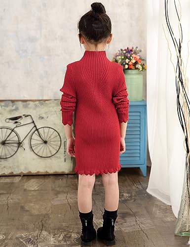 Girls Knit Sweater Dress Long Sleeve High Neck Winter Sweater Dress Size 3-12T3