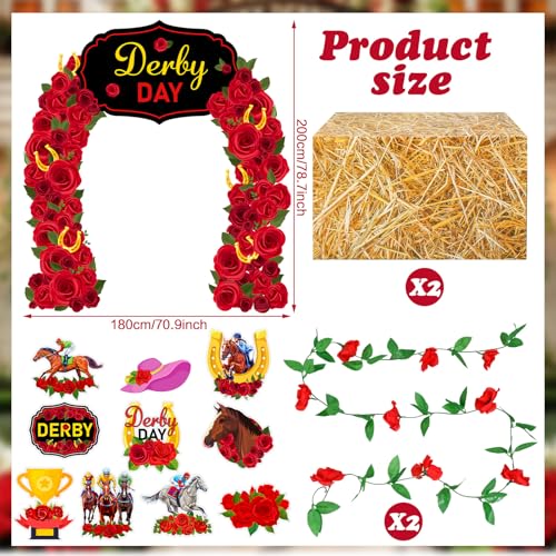 Gersoniel 15 Pcs Derby Day Horse Party Decoration Kit Derby Party Supply 6.6 ft Red Rose Arch Backdrop 2 Rose Garland 10 Horse Racing Cardstock Cutout 2 Hay Box Centerpiece for Race Day Celebration by Gersoniel - Image 2