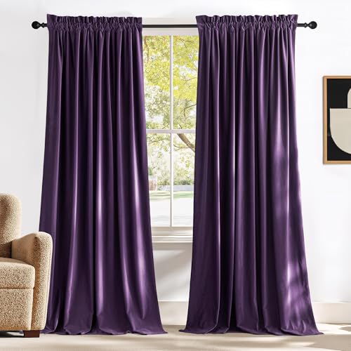 NICETOWN Purple Velvet Blackout Curtains 96 inches Long, Solid Heavy Matt Rod Pocket Drapes/Window Treatments for Hall, Theater (2 Pieces) Purple Seri