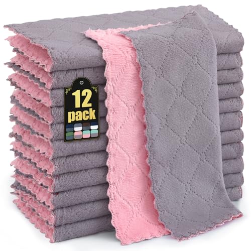 Mordimy 12 Pack Soft and Absorbent Kitchen Cloths, Grey & Pink