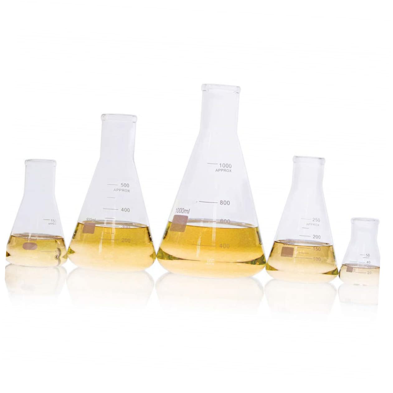 PLAFOPE Matraz Cónico de Vidrio Engrosado 5 Piezas para Laboratorio | Cuello Estrecho, Fondo Plano y Graduaciones Estándar, Área de Marcado Amplia, Capacidades 50ml a 1000ml