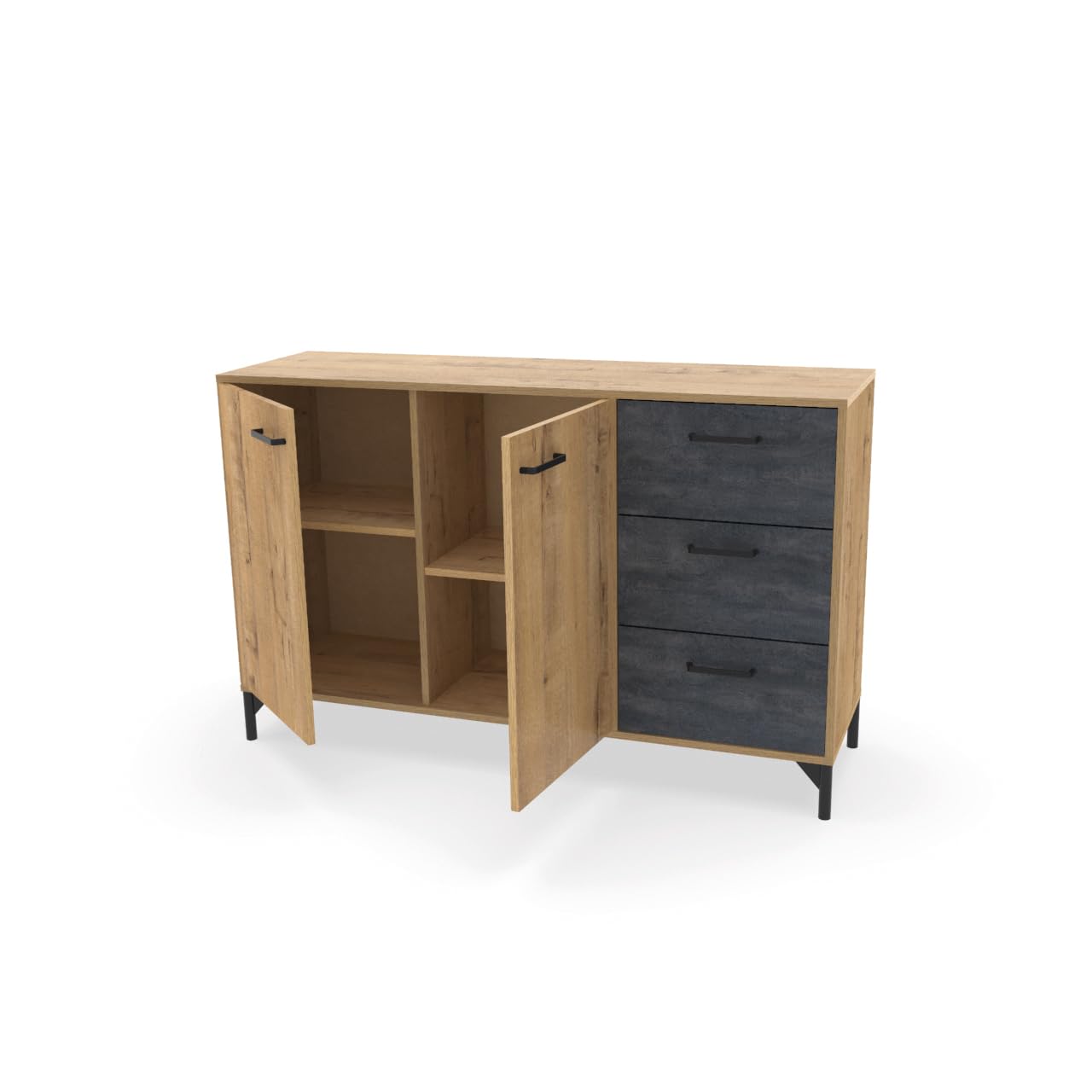 Aparador Salón Comedor, Buffet, Mueble Auxiliar, 2 puertas y 3 Cajones, Roble Gold combinado con imitacón mármol negro, 85x135x40cm, Despensa, Cocina, Despacho, Moderno, Industrial, modelo Nantes