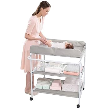 スチールラック 2段 キャスター付き　作業台　オムツ交換台　ベビー着替え台 Amazon.co.jp: Cific オムツ交換 赤ちゃんの着替え台 子育て