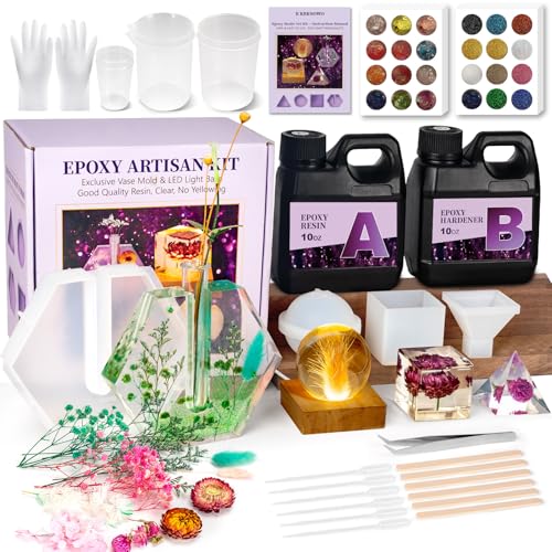 K KERNOWO Epoxy Resin Kit with Light for Beginners Resin Kit and Molds Complete Set DIY Crafts for Adults Women Epoxy Set with Vase Mold 3D Dried Flowers Measuring Cups and Resins Supplies-20OZ