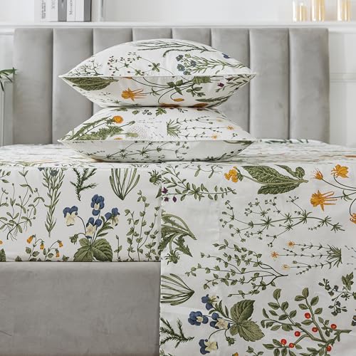 Image of FADFAY 100% Egyptian Cotton Sheets Full Botanical Printed Floral Sheets Yellow Flowers & Leaves Pattern Farmhouse Bedding Soft and Breathable French Country Bedding 4Pcs Deep Pocket Full Sheet Set