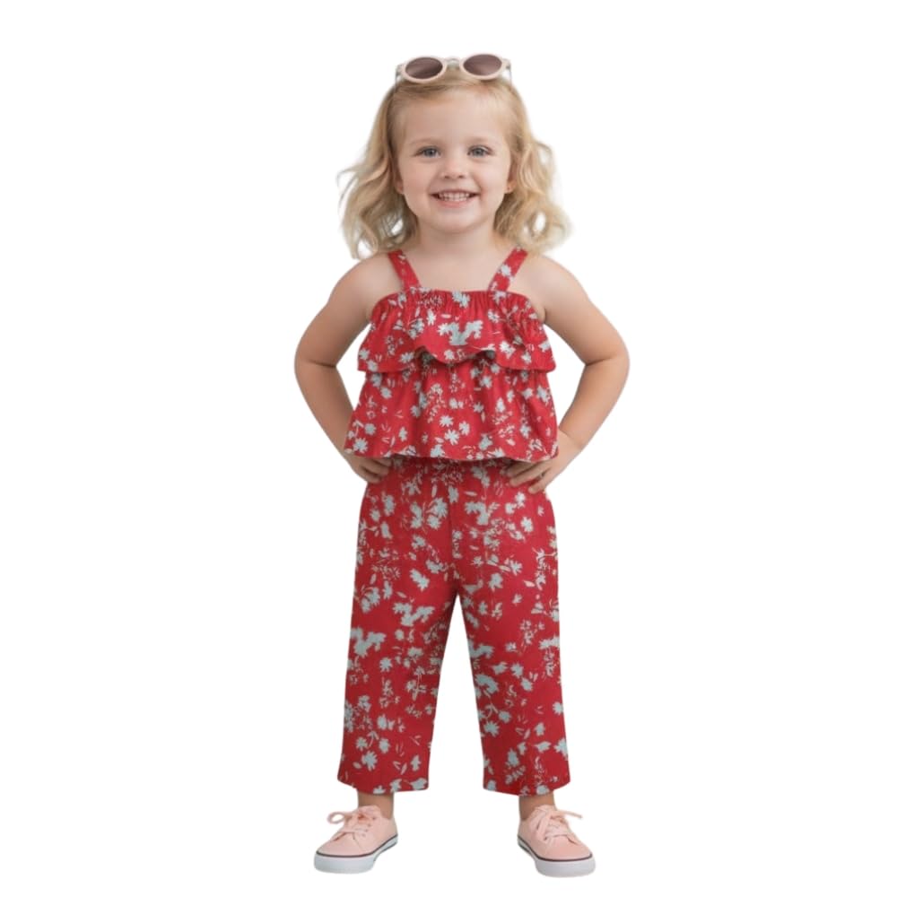 A.T.U.N. (ALL THINGS UBER NICE) Girls Printed Poly Silk Ruffle Layered Dungaree | Sleeveless Wide-Leg Jumpsuit for Kids | Trendy Casual Wear Outfit