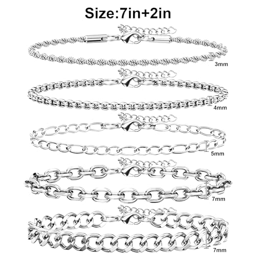 5PCS Stainless Steel Bracelets for Men, Silver Gold Black Sturdy Cuban Link Box Rope Chain Paperclip Figaro Bracelet for Women Men Jewelry Set3