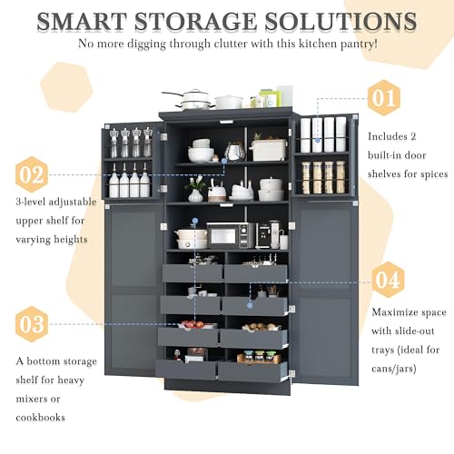 Image of Ball & Cast 71″Tall Kitchen Pantry Cabinet with 8 Pull Out Trays & 4 Doors,Versatile Farmhouse Wood Pantry Storage Cabinet w /2 Doors Shelves and Adjustable Shelves for Kitchen,Dining Room,Gray