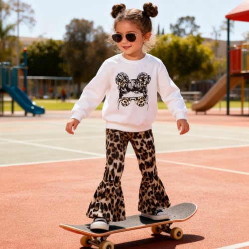 Image of KIDLAGA Toddler Girl Clothes Figure Graphic Drop Shoulder Top Pullover Leopard Print Flared Pants Fall Winter Outfit Set