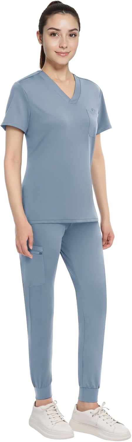 Women's 4-Way Stretch Scrubs Set, V-Neck Top & Joggers, Soft Anti-Wrinkle Medical Uniform Light Blue