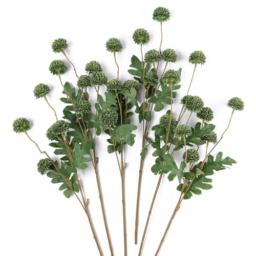 mizii 6Pcs Green Fake Silk Pompon Mum Artificial Flowers Bulk Small Faux Chrysanthemums with Stems Realistic Floral Decorations for Wedding DIY Bouquet Centerpieces Shower Vase Home Decor (Green)