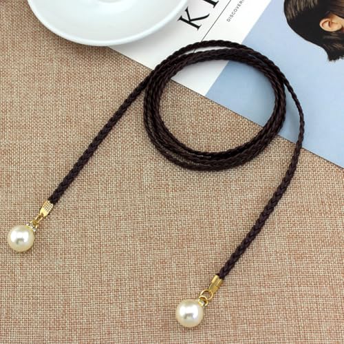 Women's Braided Rope Belt, Pearl Belt PU Leather Waist Belt, Tied Rope Dress Waistband Slim Waist Rope for Women Lady D3