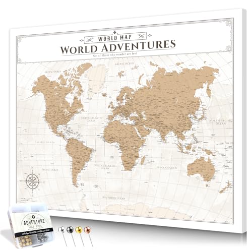 Image of IPIC - Vintage World Map Pin Board Canvas Wall Art, Travel Map with Pins Included, Ready to Hang for Home or Office, 30x24 Inch